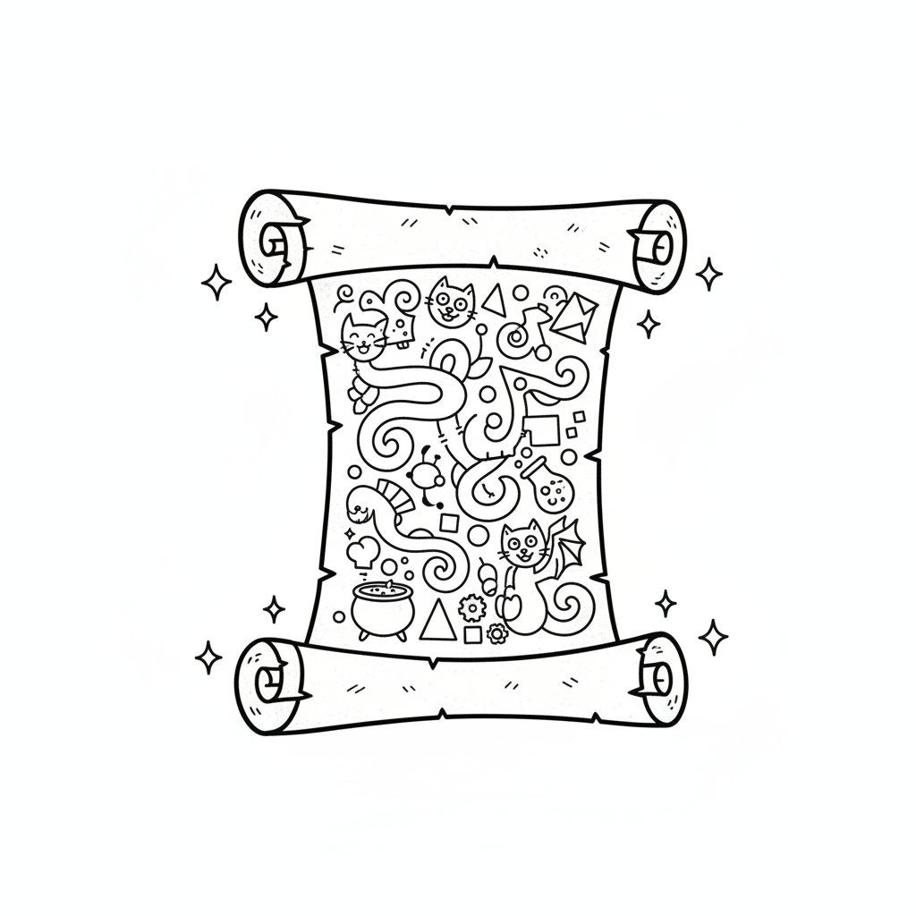 Magiczny zwój samoczynnie rozwijający się w powietrzu, ujawniający skomplikowaną formułę, black outline, white back...