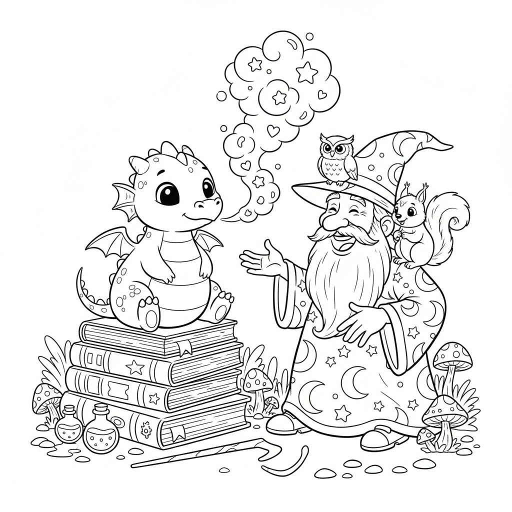 Uroczy mały smok dmuchający delikatnym dymem w pobliżu czarodzieja, kolorowanka dla dzieci, czarne kontury, białe tło.