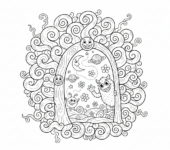 Mistyczne drzwi otoczone wirującą energią, prowadzące do innego wymiaru, kolorowanka dla dzieci, czarne kontury, biał...