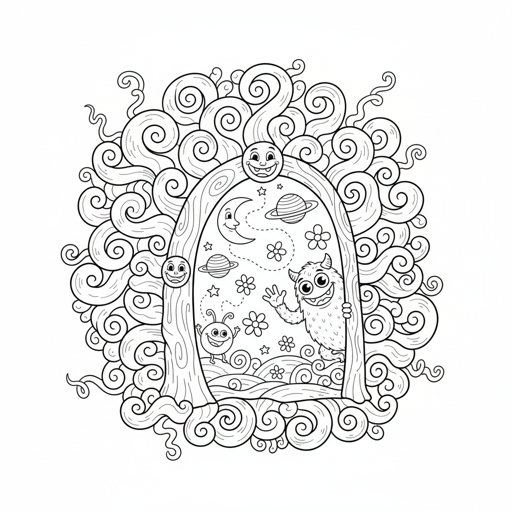 Mistyczne drzwi otoczone wirującą energią, prowadzące do innego wymiaru, kolorowanka dla dzieci, czarne kontury, biał...