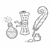 Kolekcja mistycznych przedmiotów: starożytny zwój, fiolka z błyszczącym pyłem i pióro, kolorowanka dla dzieci, czar...