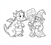 Przyjazny smok dmuchający nieszkodliwym ogniem, aby zapalić fajkę czarodzieja, kolorowanka dla dzieci, czarne kontury, ...