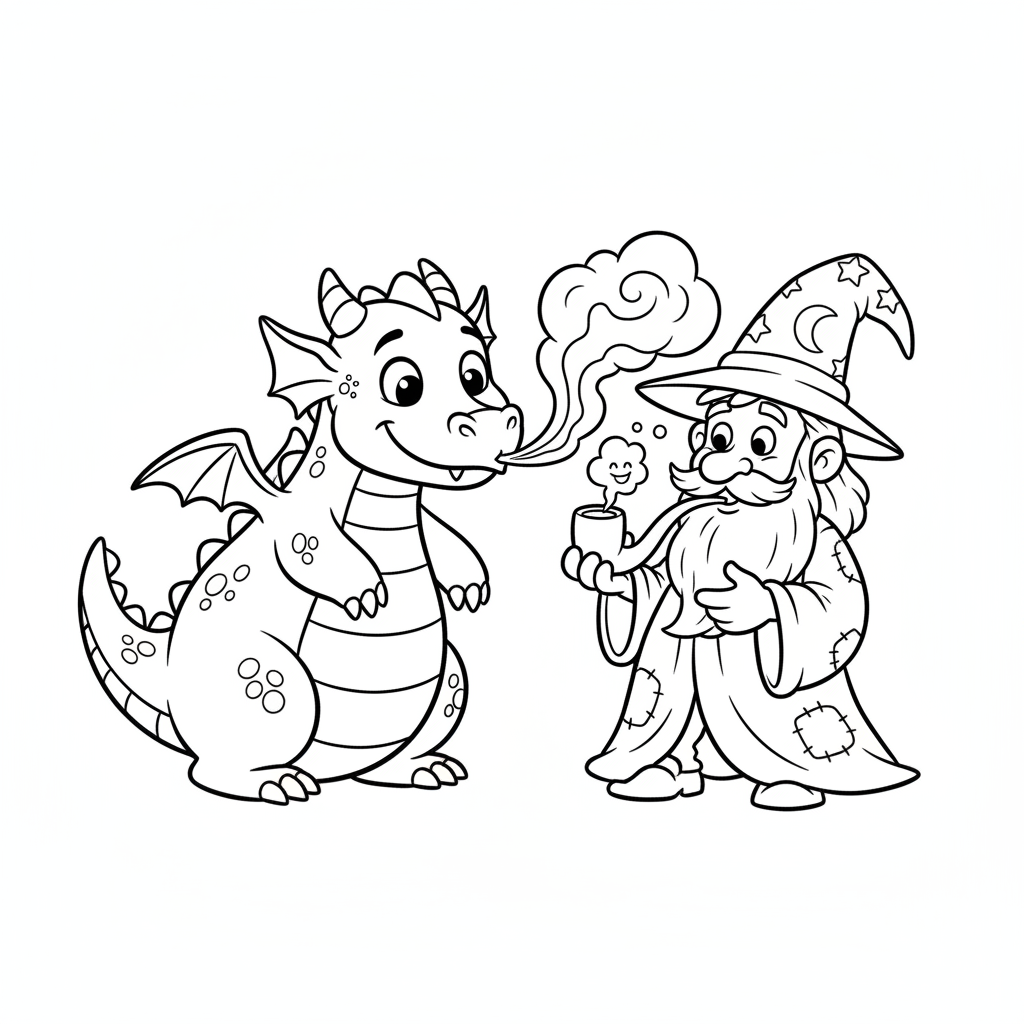 Przyjazny smok dmuchający nieszkodliwym ogniem, aby zapalić fajkę czarodzieja, kolorowanka dla dzieci, czarne kontury, ...