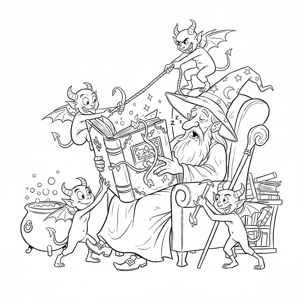 Grupa psotnych chochlików próbujących ukraść księgę zaklęć czarodzieja, kolorowanka dla dzieci, czarne kontury, b...