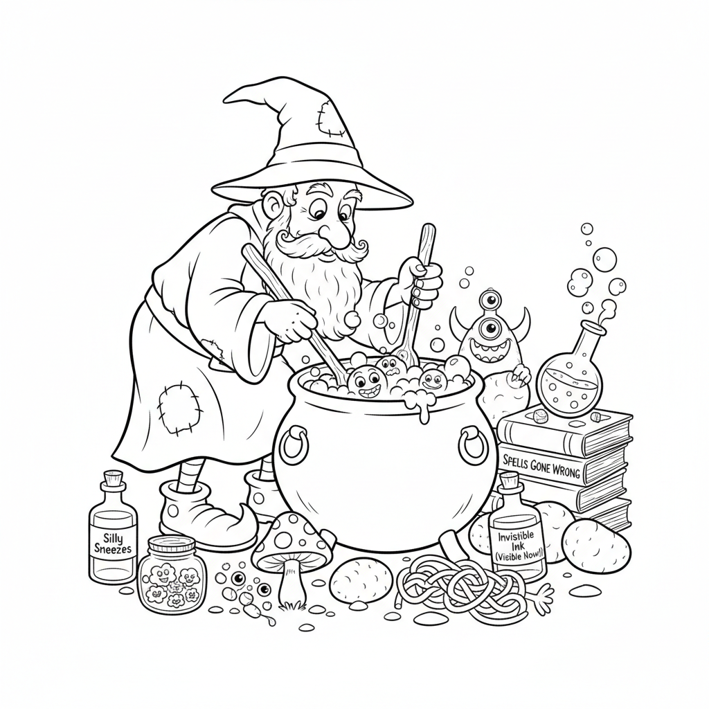 Psotny czarodziej mieszający bulgoczący kocioł dużą drewnianą łyżką, otoczony zabawnymi składnikami eliksiru, ko...