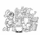 Odważny rycerz proszący czarodzieja o magiczną radę, kolorowanka dla dzieci, czarne kontury, białe tło.