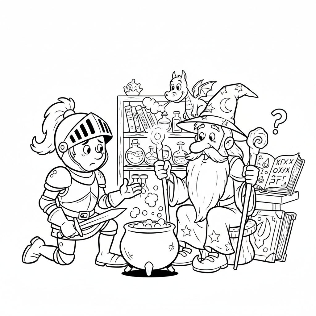 Odważny rycerz proszący czarodzieja o magiczną radę, kolorowanka dla dzieci, czarne kontury, białe tło.
