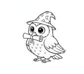 Sowa w małym kapeluszu czarodzieja, niosąca zwój w dziobie, kolorowanka dla dzieci, czarne kontury, białe tło.