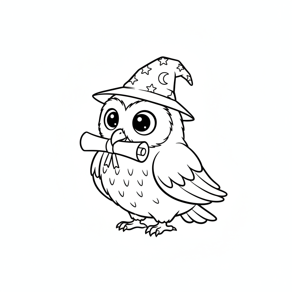 Sowa w małym kapeluszu czarodzieja, niosąca zwój w dziobie, kolorowanka dla dzieci, czarne kontury, białe tło.