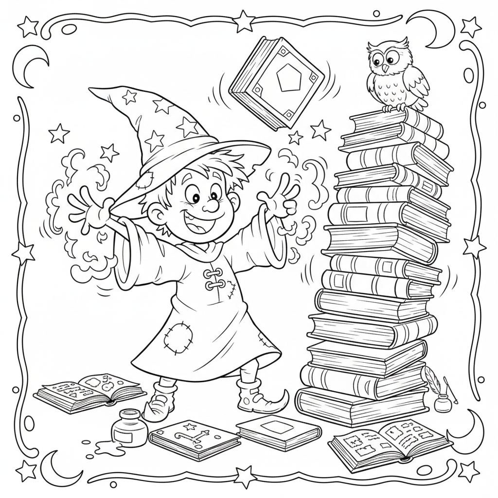 Wesoły młody uczeń czarodzieja próbujący magicznie unieść stos książek, kolorowanka dla dzieci, czarne kontury, b...