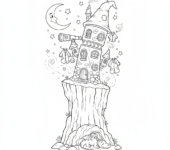 Wieża czarodzieja na wysokim klifie, z gwiazdami i księżycem w tle, kolorowanka dla dzieci, czarne kontury, białe tło.