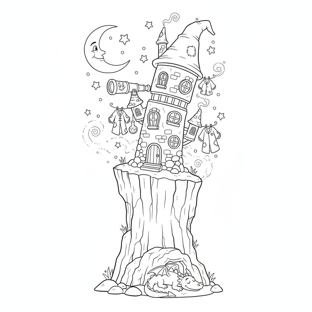 Wieża czarodzieja na wysokim klifie, z gwiazdami i księżycem w tle, kolorowanka dla dzieci, czarne kontury, białe tło.
