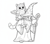 Zabawne stworzenie, częściowo kot, częściowo sowa, siedzące na ramieniu czarodzieja, kolorowanka dla dzieci, czarne k...