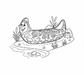 Indiańskie canoe ozdobione symbolami, spoczywające na brzegu rzeki, kolorowanka dla dzieci, czarne kontury, białe tło.