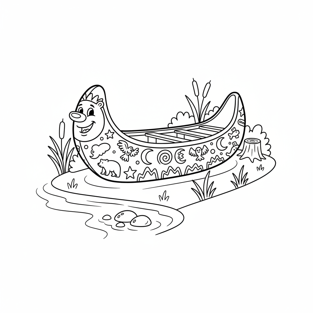 Indiańskie canoe ozdobione symbolami, spoczywające na brzegu rzeki, kolorowanka dla dzieci, czarne kontury, białe tło.