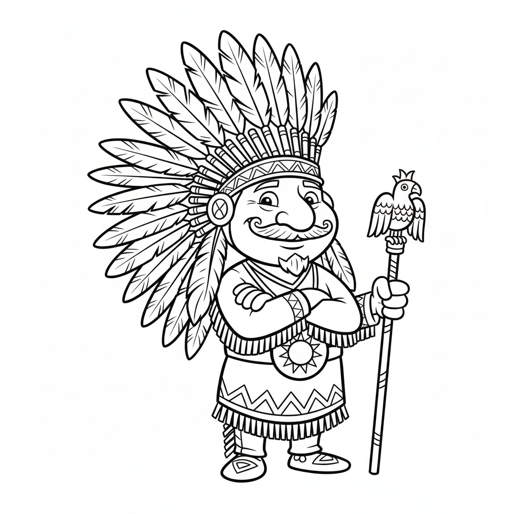 Dumny wódz indiański w pióropuszu, wyglądający godnie, kolorowanka dla dzieci, czarne kontury, białe tło.