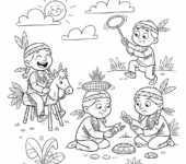 Grupa dzieci indiańskich grających w tradycyjne gry, kolorowanka dla dzieci, czarne kontury, białe tło.