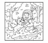 Dziecko indiańskie bawiące się z przyjaznym wilczkiem, w naturalnym otoczeniu, kolorowanka dla dzieci, czarne kontury, ...