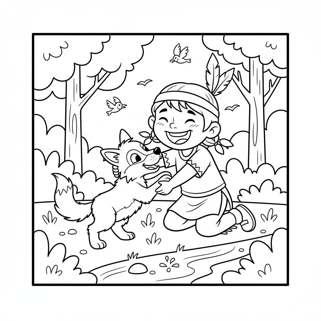Dziecko indiańskie bawiące się z przyjaznym wilczkiem, w naturalnym otoczeniu, kolorowanka dla dzieci, czarne kontury, ...