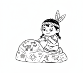 Dziecko indiańskie oglądające petroglify na skale, z ciekawością, kolorowanka dla dzieci, czarne kontury, białe tło.