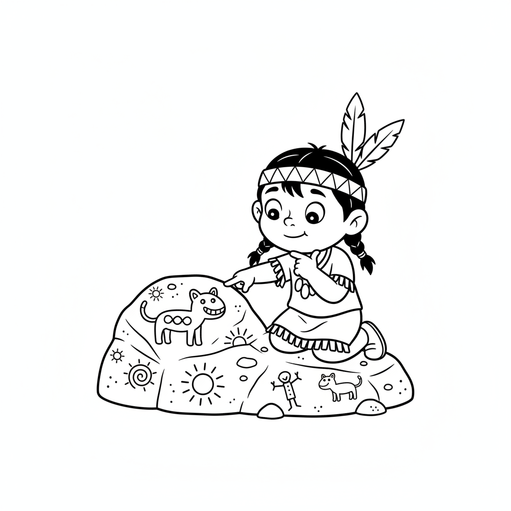 Dziecko indiańskie oglądające petroglify na skale, z ciekawością, kolorowanka dla dzieci, czarne kontury, białe tło.