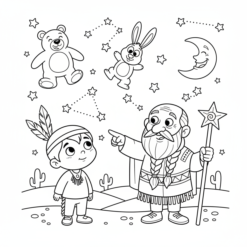 Dziecko indiańskie patrzące na gwiazdy, uczące się o konstelacjach od starszego, black outline, white background, suit...