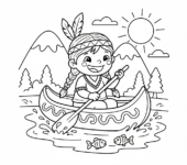 Dziecko indiańskie wiosłujące kajakiem po spokojnej rzece, z górami w tle, kolorowanka dla dzieci, czarne kontury, bia...