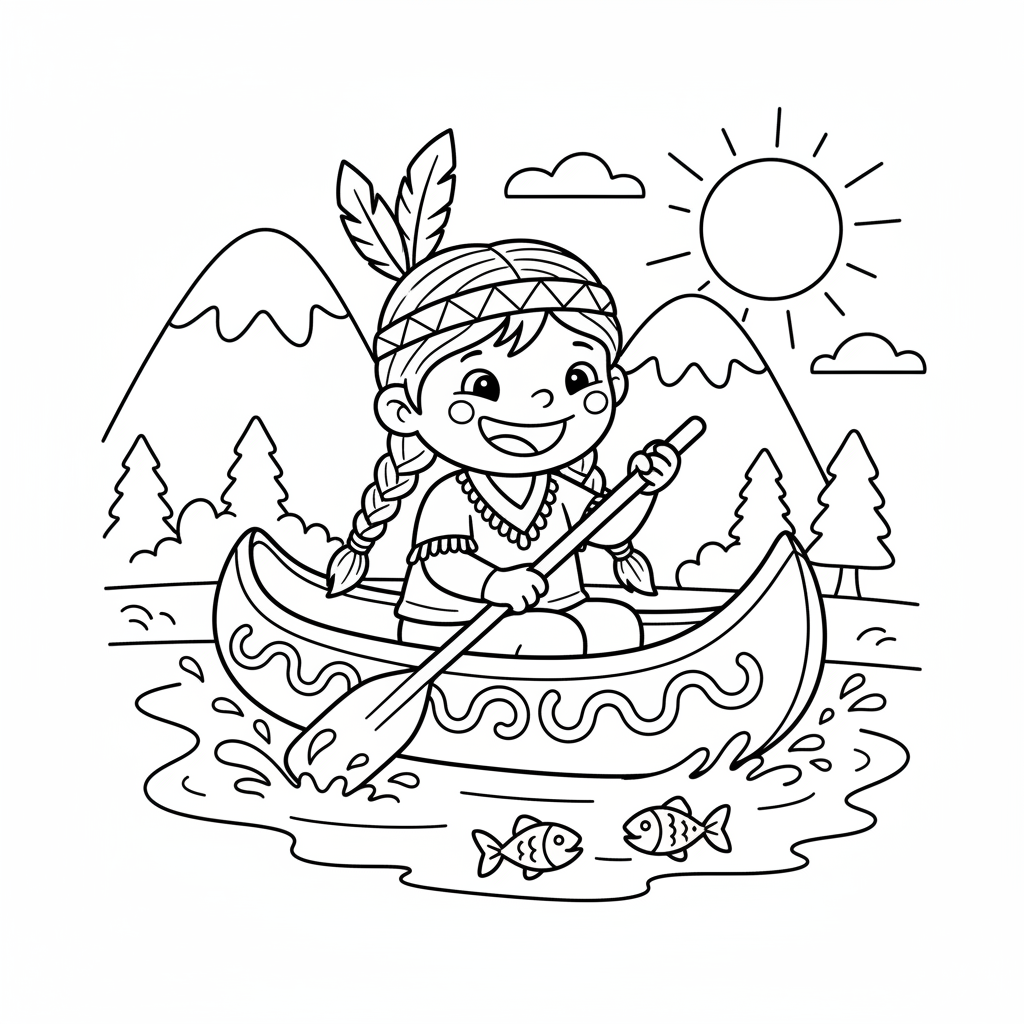 Dziecko indiańskie wiosłujące kajakiem po spokojnej rzece, z górami w tle, kolorowanka dla dzieci, czarne kontury, bia...