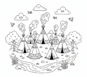 Grupa tipi w wiosce, z dymem unoszącym się z góry, otoczona naturą, kolorowanka dla dzieci, czarne kontury, białe tło.