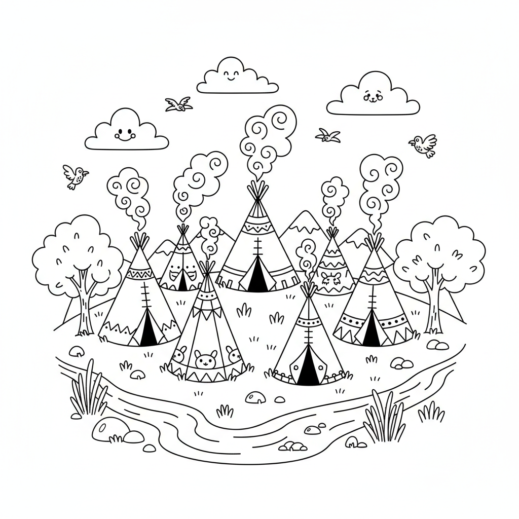 Grupa tipi w wiosce, z dymem unoszącym się z góry, otoczona naturą, kolorowanka dla dzieci, czarne kontury, białe tło.