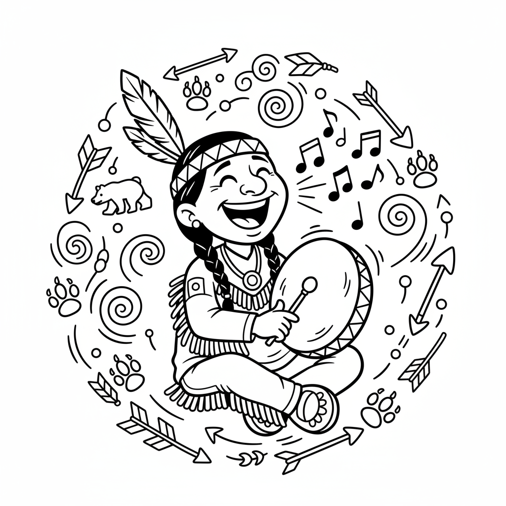 Indianin grający na bębnie ręcznym i śpiewający, otoczony rytmicznymi wzorami, black outline, white background, suita...