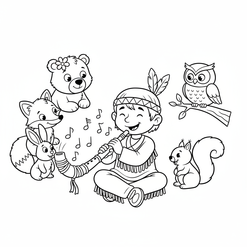 Indianin grający na flecie wykonanym z naturalnych materiałów, ze słuchającymi zwierzętami, kolorowanka dla dzieci, ...