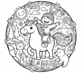 Indianin jadący konno bez siodła, połączony z naturą, kolorowanka dla dzieci, czarne kontury, białe tło.