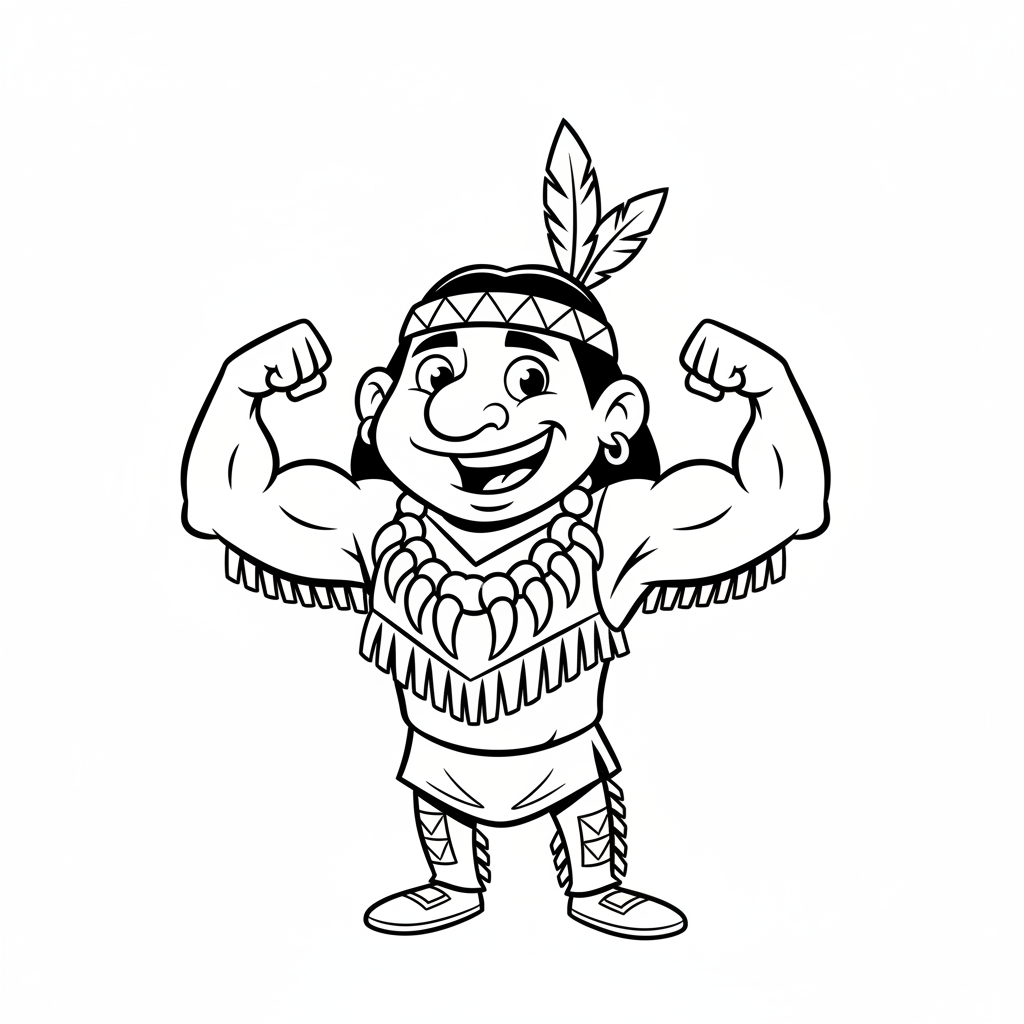 Indianin noszący naszyjnik z pazurów niedźwiedzia, symbolizujący siłę, kolorowanka dla dzieci, czarne kontury, biał...