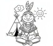 Indianin w torbie medycznej i tradycyjnej biżuterii, wyglądający spokojnie, kolorowanka dla dzieci, czarne kontury, bia...