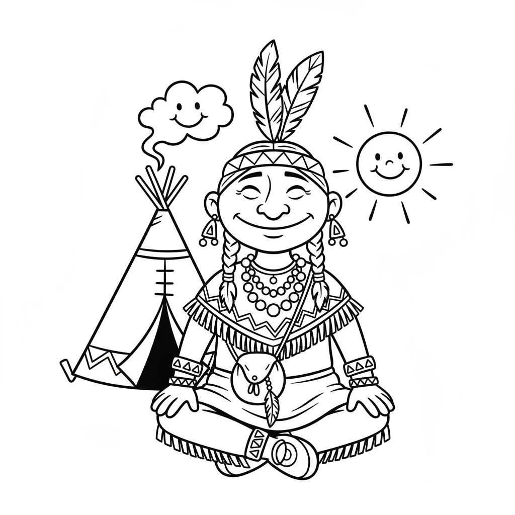 Indianin w torbie medycznej i tradycyjnej biżuterii, wyglądający spokojnie, kolorowanka dla dzieci, czarne kontury, bia...