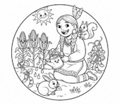 Indianka pielęgnująca mały ogród kukurydzy i fasoli, kolorowanka dla dzieci, czarne kontury, białe tło.