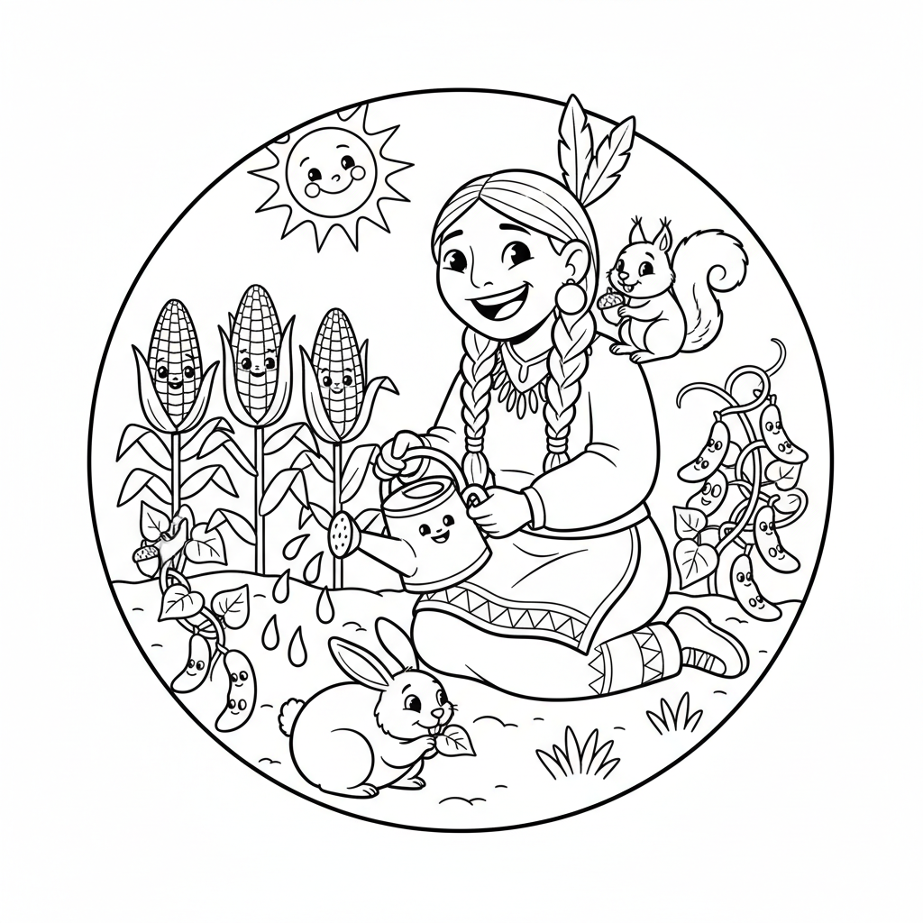 Indianka pielęgnująca mały ogród kukurydzy i fasoli, kolorowanka dla dzieci, czarne kontury, białe tło.