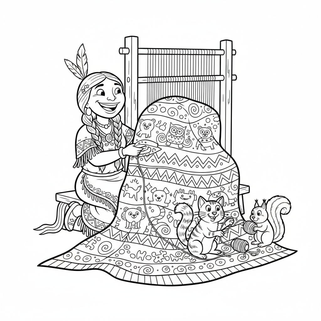 Indianka tkająca kolorowy koc, z misternymi wzorami, kolorowanka dla dzieci, czarne kontury, białe tło.