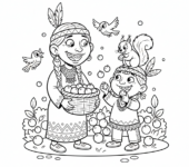 Indianka zbierająca jagody do koszyka, z dzieckiem pomagającym jej, kolorowanka dla dzieci, czarne kontury, białe tło.