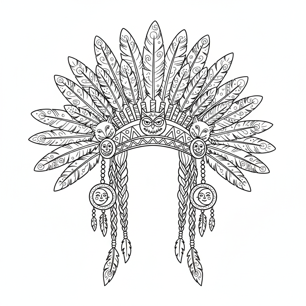 Indiański pióropusz z wieloma piórami, szczegółowy i ozdobny, kolorowanka dla dzieci, czarne kontury, białe tło.