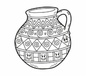 Indiańskie naczynie ceramiczne z tradycyjnymi geometrycznymi wzorami, kolorowanka dla dzieci, czarne kontury, białe tło.