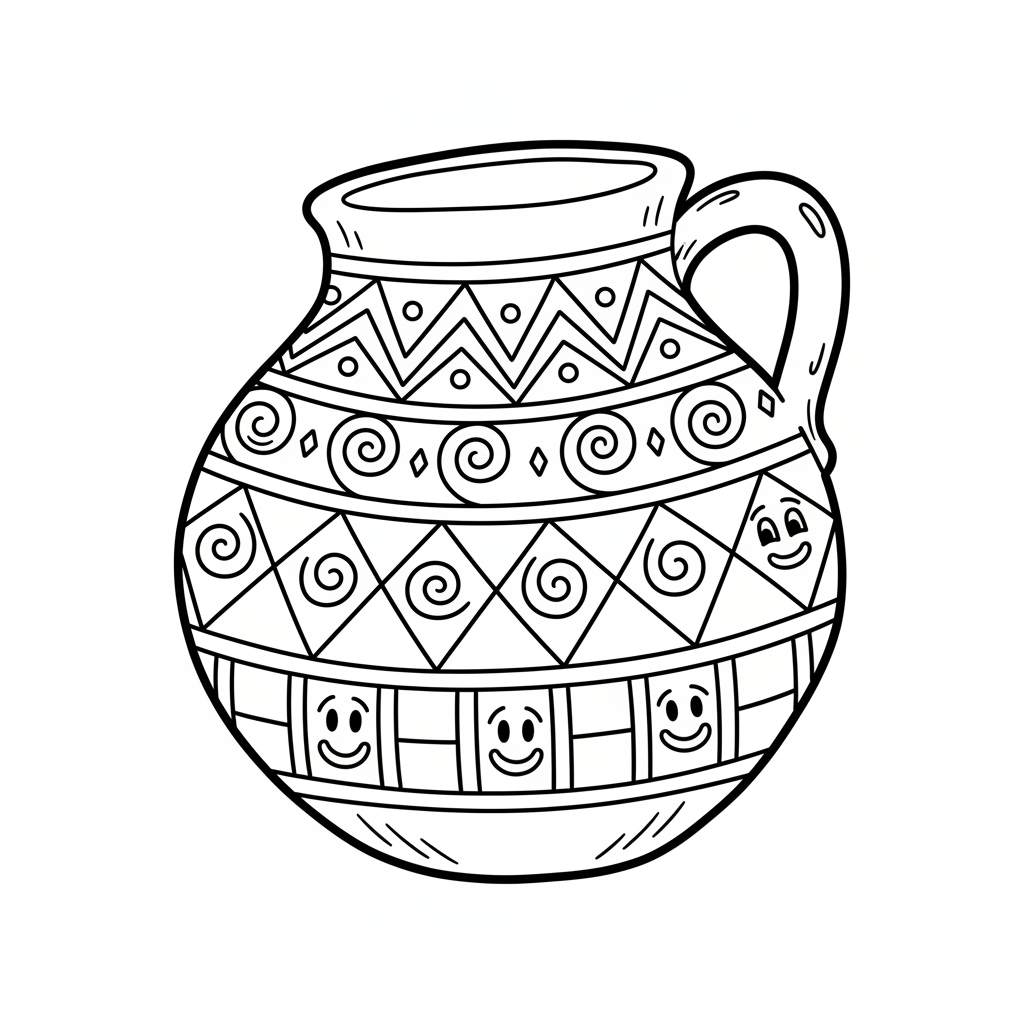 Indiańskie naczynie ceramiczne z tradycyjnymi geometrycznymi wzorami, kolorowanka dla dzieci, czarne kontury, białe tło.