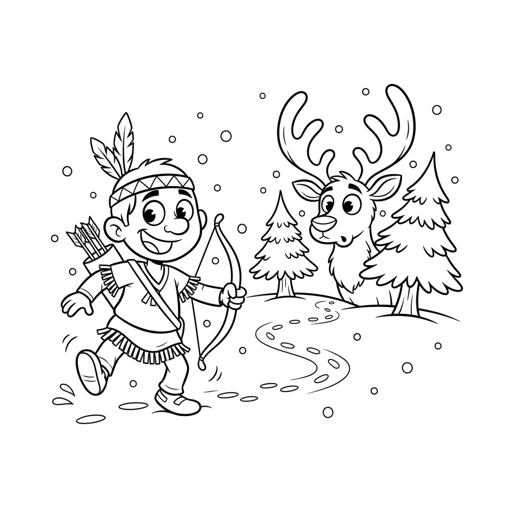 Indiański myśliwy śledzący jelenia w lesie, ze śladami na śniegu, kolorowanka dla dzieci, czarne kontury, białe tło.