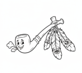 Indiański symbol pokoju (fajka pokoju) z piórami, kolorowanka dla dzieci, czarne kontury, białe tło.