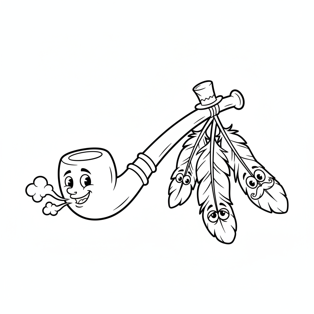 Indiański symbol pokoju (fajka pokoju) z piórami, kolorowanka dla dzieci, czarne kontury, białe tło.