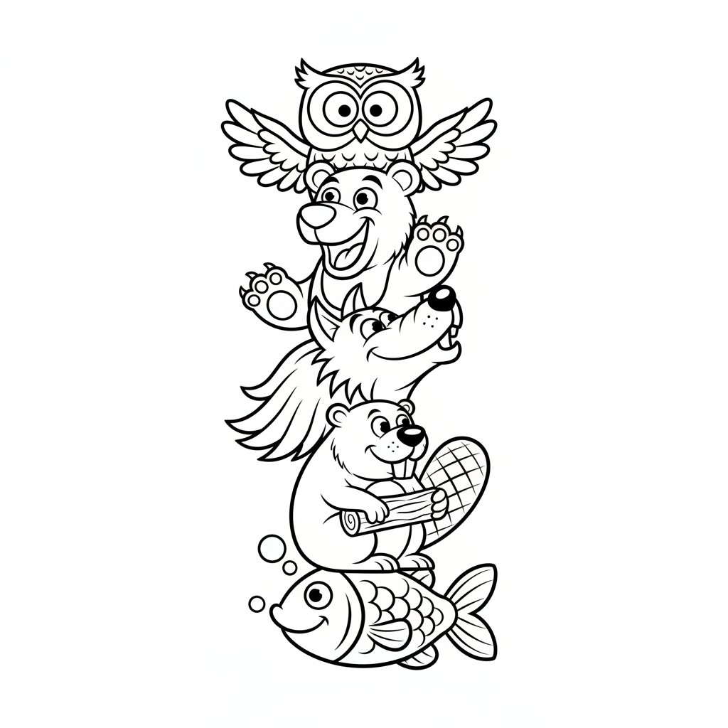 Totem z różnymi rzeźbami zwierząt, przedstawiający różne duchy, kolorowanka dla dzieci, czarne kontury, białe tło.