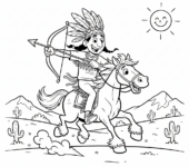 Wojownik indiański na koniu, z łukiem i strzałą, galopujący po równinach, kolorowanka dla dzieci, czarne kontury, bi...