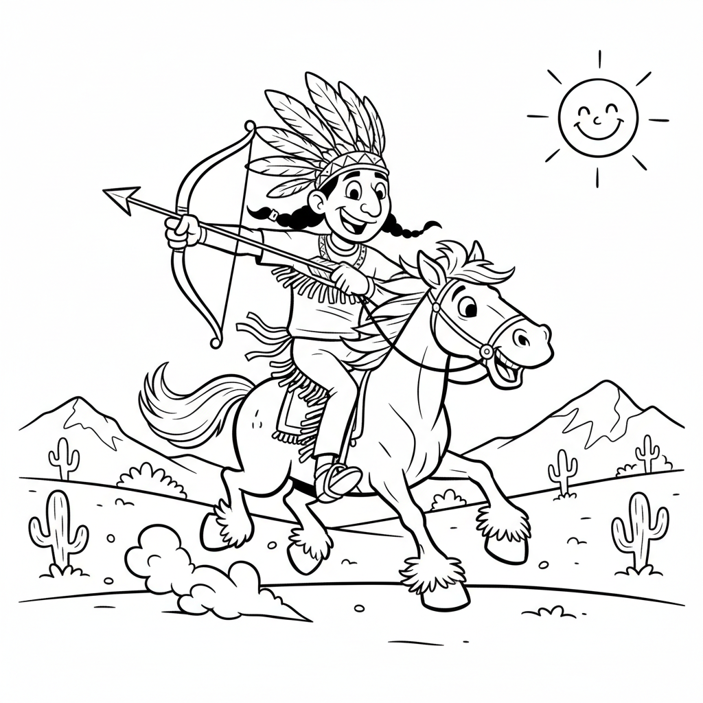 Wojownik indiański na koniu, z łukiem i strzałą, galopujący po równinach, kolorowanka dla dzieci, czarne kontury, bi...