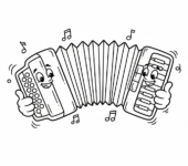 Akordeon z rozciągniętymi miechami, pokazujący wszystkie guziki i klawisze, kolorowanka dla dzieci, czarne kontury, bia...